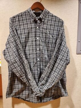 Eddie Bauer Olive and White Plaid Button-Down Shirt #95